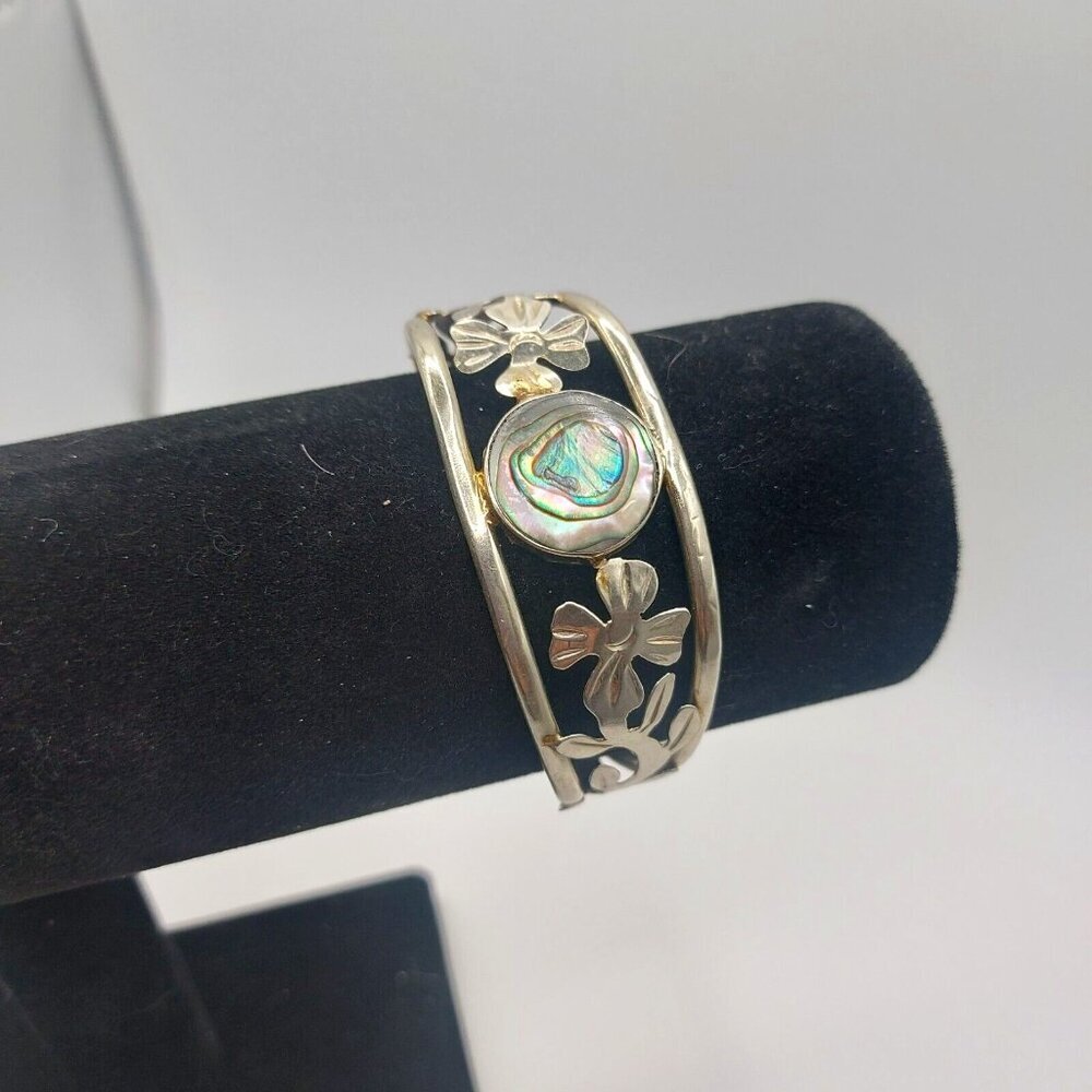 Sterling Silver Signed Mexico Vintage abalone Flower Vine Cuff Bracelet